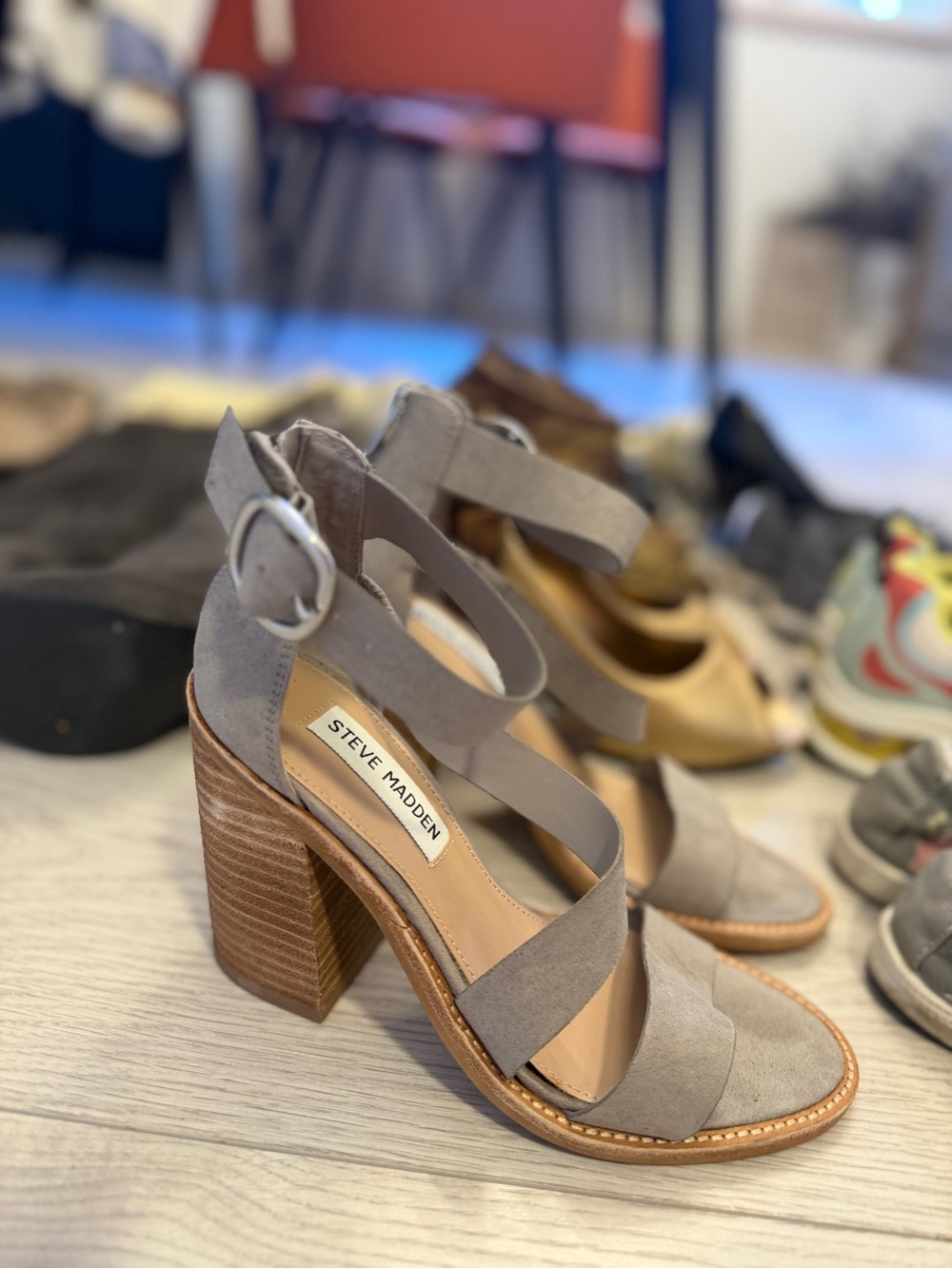 Steve Madden Gray Suede Strappy Block Heel Sandals